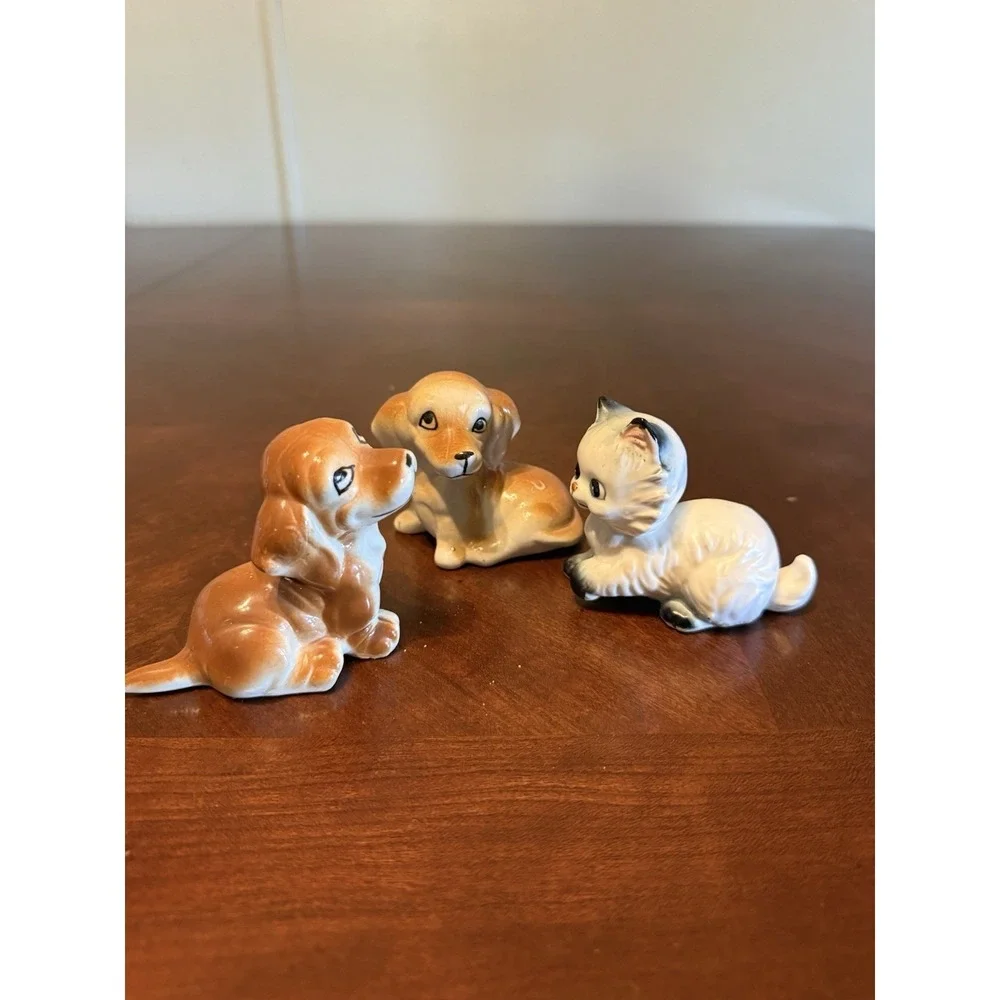 Vintage Porcelain Dog & Cat Figurines Set Cute Mini‎ Animal Decor
